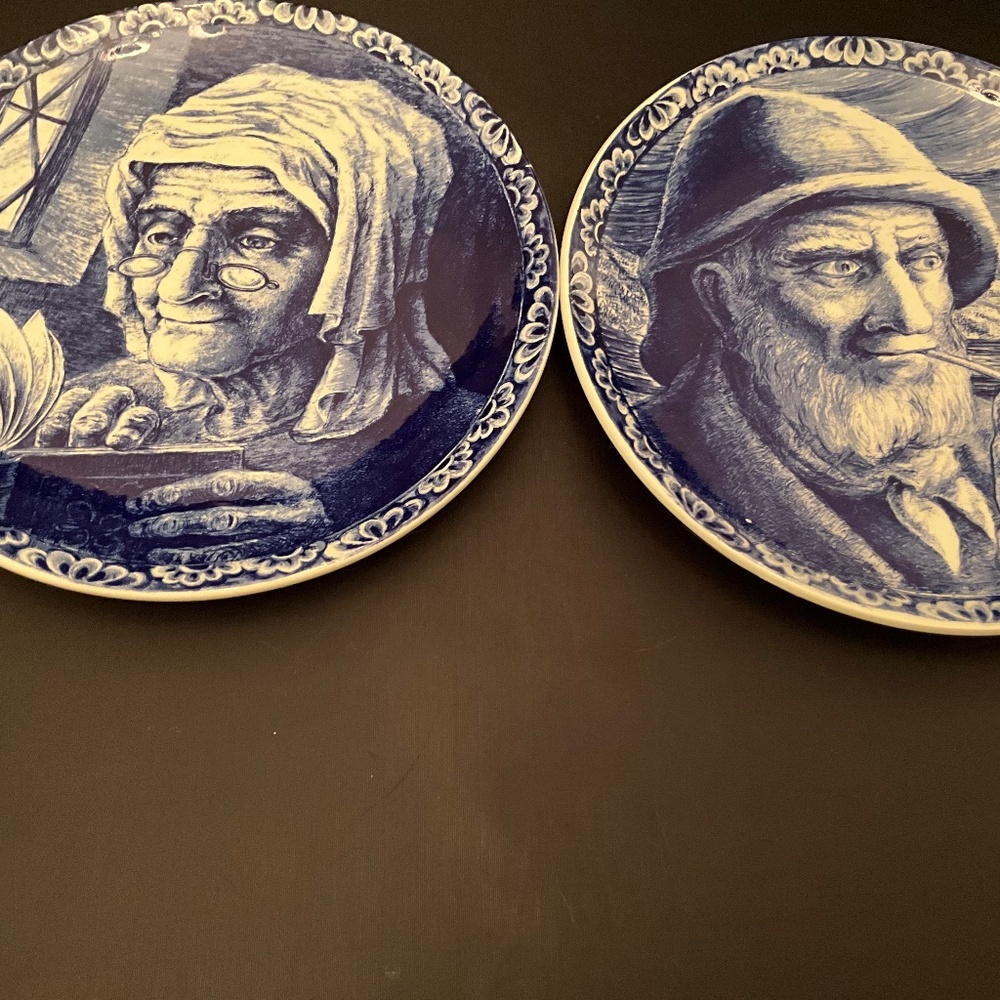 Pair of Boch Freres Delft Blue Plates with Fisherman and Fisherman's Wife